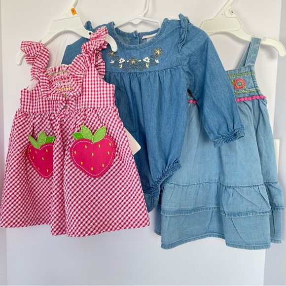 Blueberi Boulevard Other - Baby Girl Strawberry Summer Dress Denim Dress And Denim Onesie 12 Months Bundle